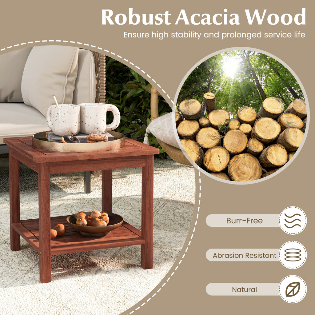 Set of 2 Double-Tier Acacia Wood Patio Side Table with Slatted