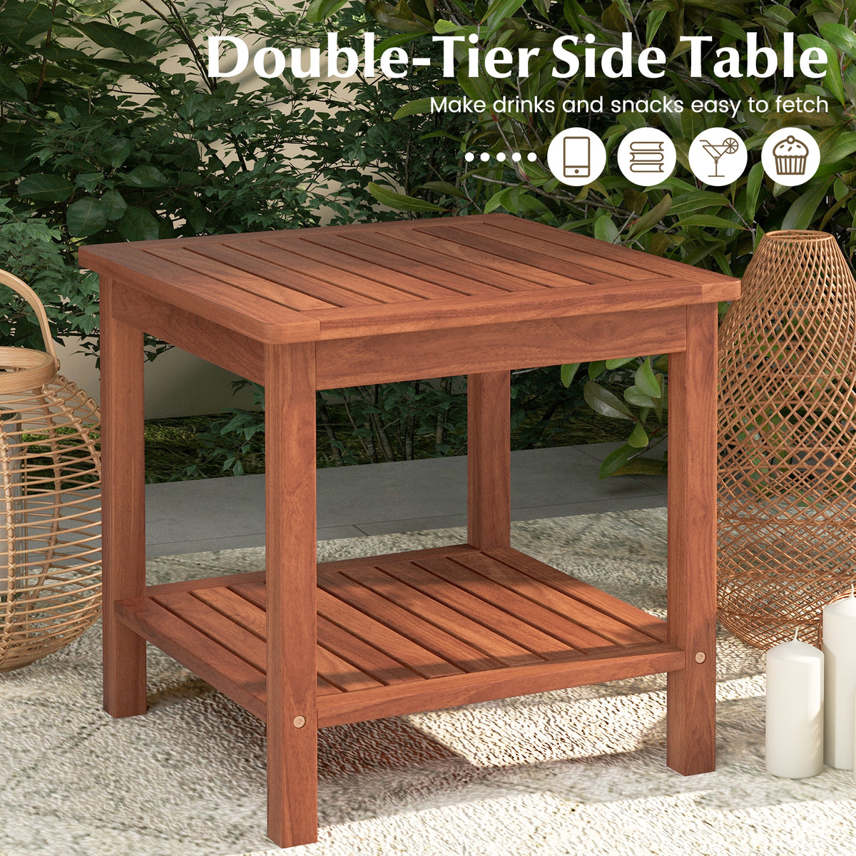 Set of 2 Double-Tier Acacia Wood Patio Side Table with Slatted