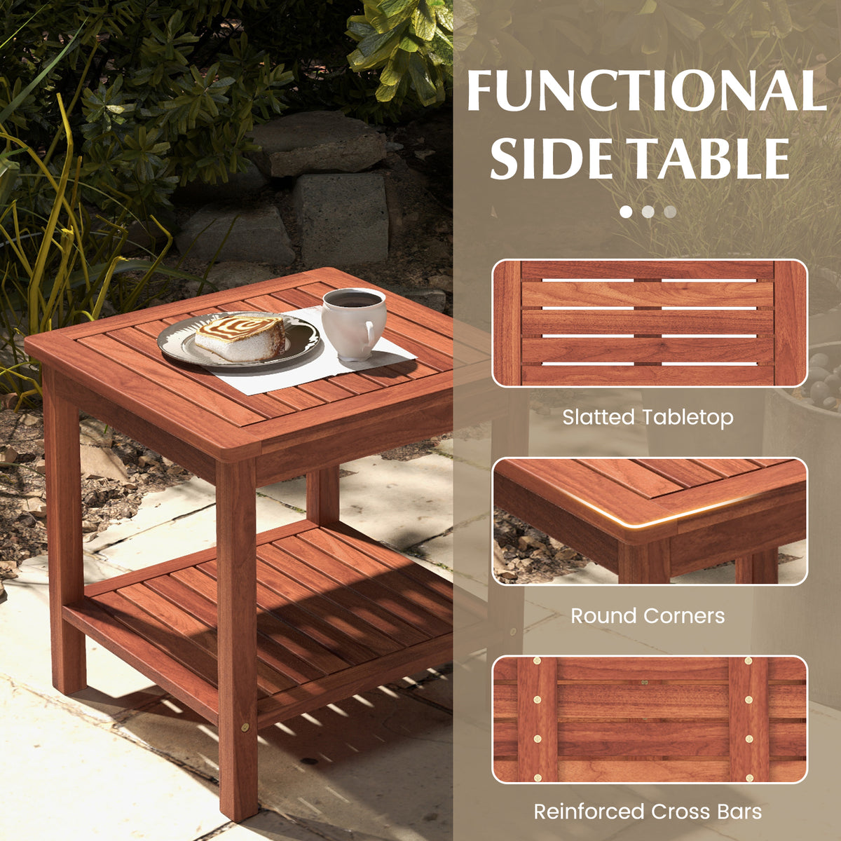 Set of 2 Double-Tier Acacia Wood Patio Side Table with Slatted