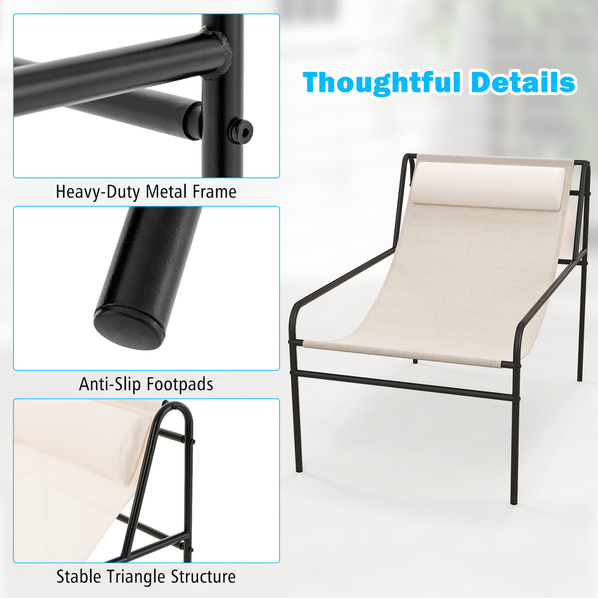 Patio Sling Lounge Chair with Removable Headrest Pillow and Metal