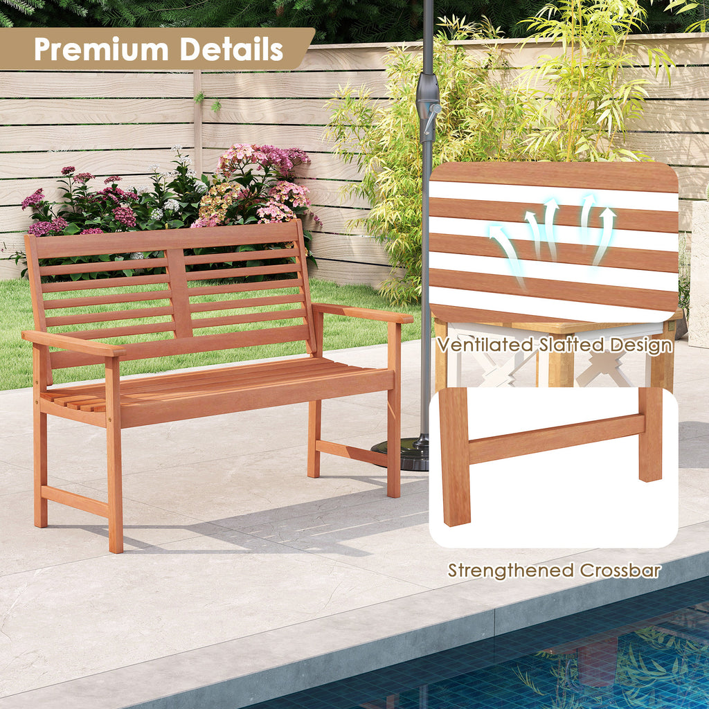 Patio Solid Wood Loveseat Outdoor 2-Seat Bench with Inclined Backrest