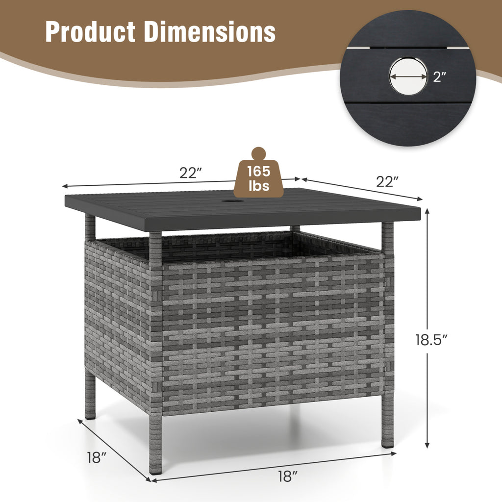 Patio Square Wicker Side Table with Umbrella Hole - Gray