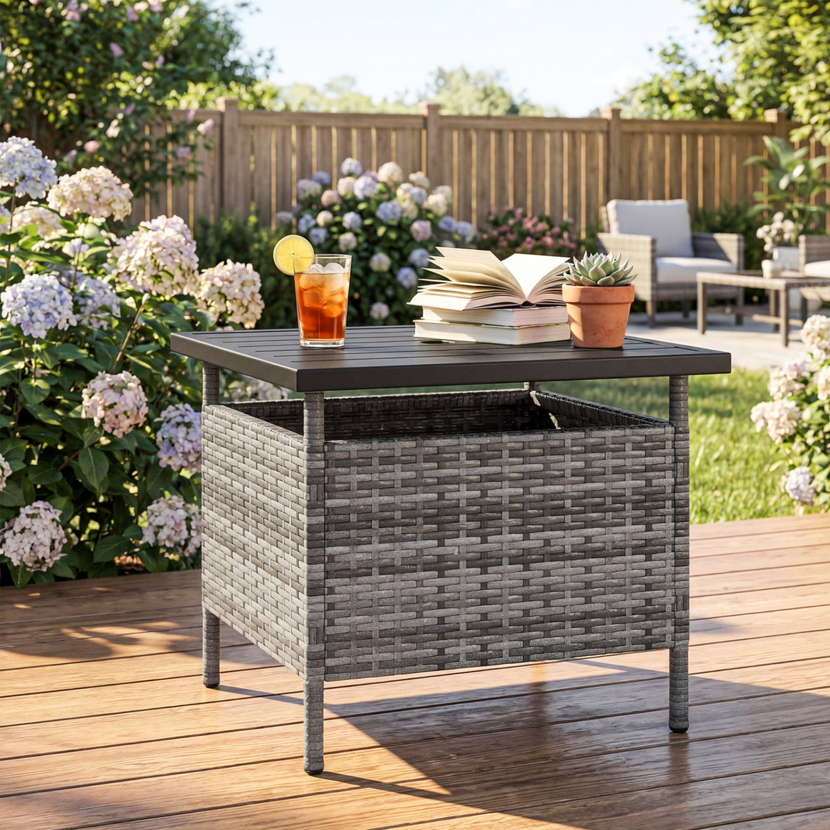 Patio Square Wicker Side Table with Umbrella Hole - Gray