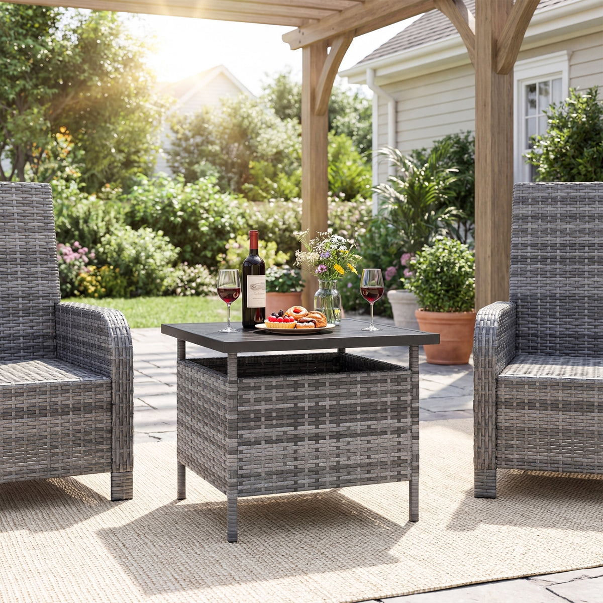 Patio Square Wicker Side Table with Umbrella Hole - Gray