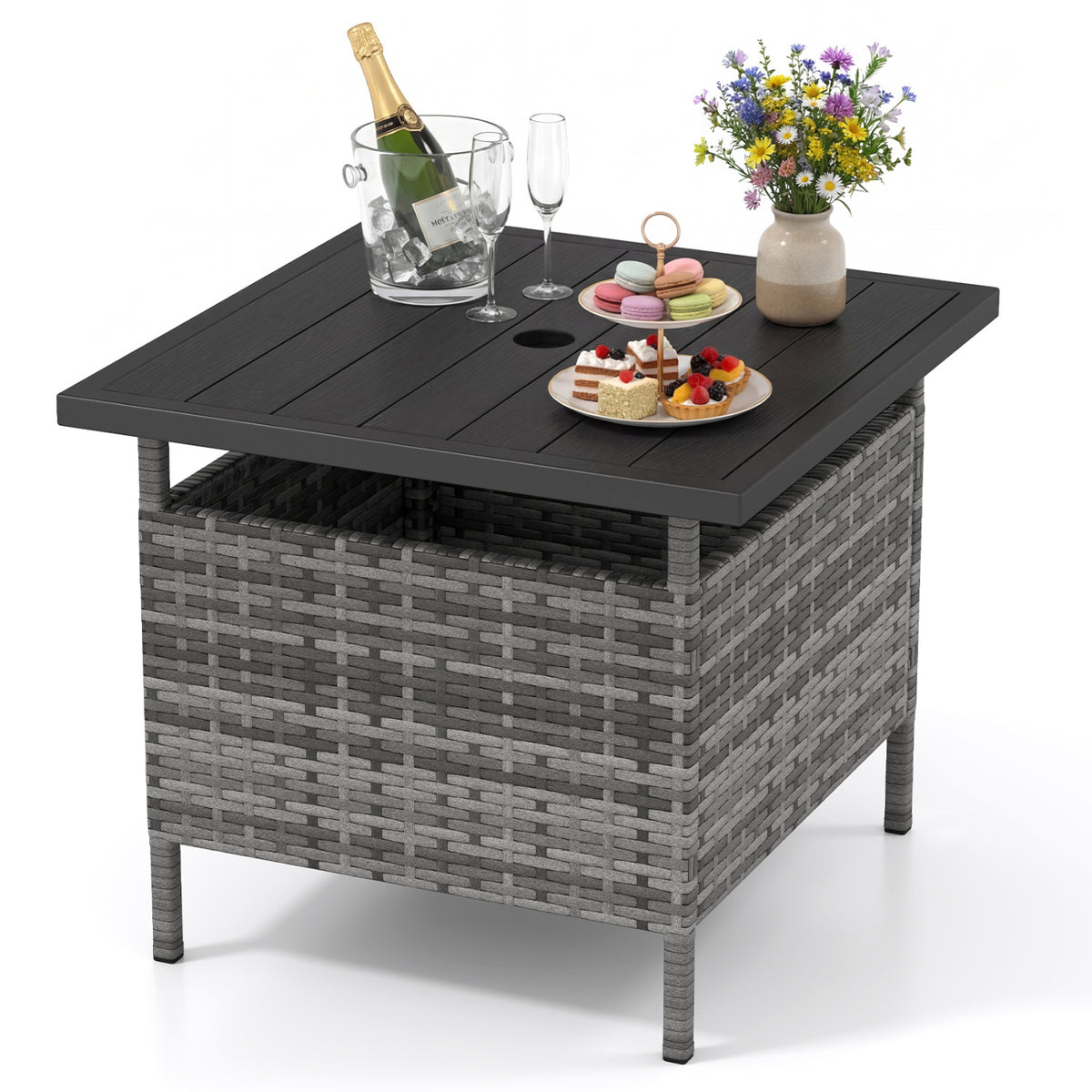 Patio Square Wicker Side Table with Umbrella Hole - Gray