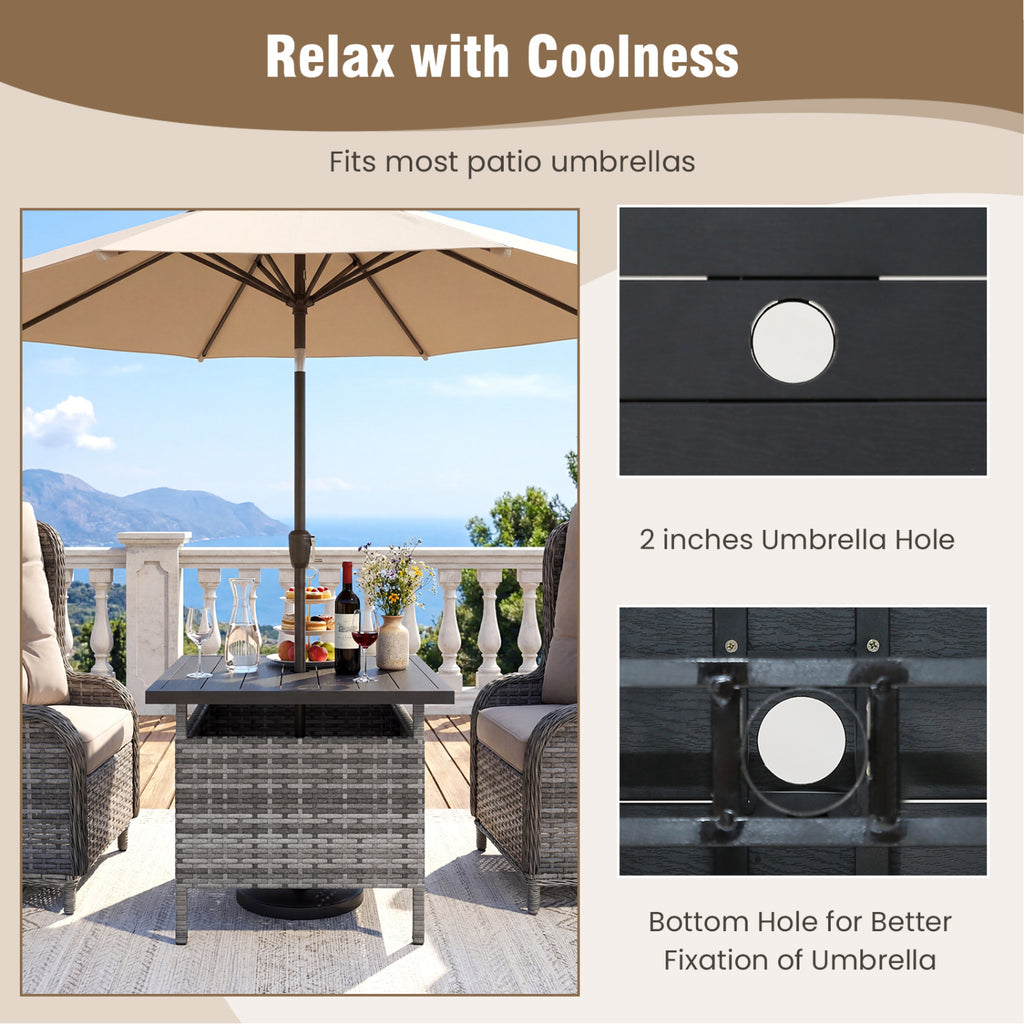 Patio Square Wicker Side Table with Umbrella Hole - Gray