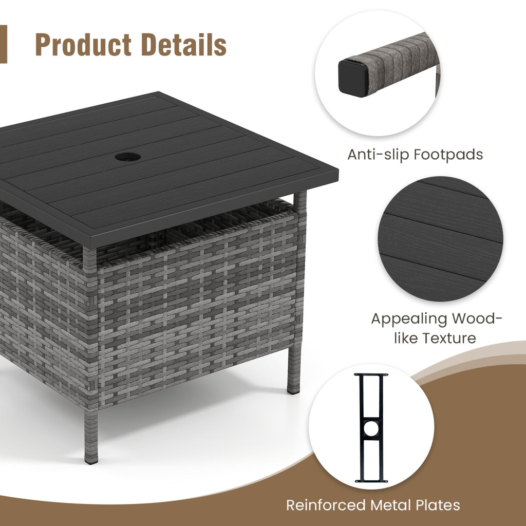 Patio Square Wicker Side Table with Umbrella Hole - Gray