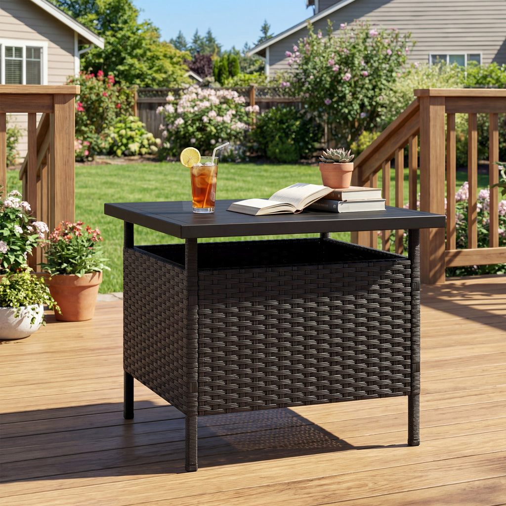 Patio Square Wicker Side Table with Umbrella Hole, Brown
