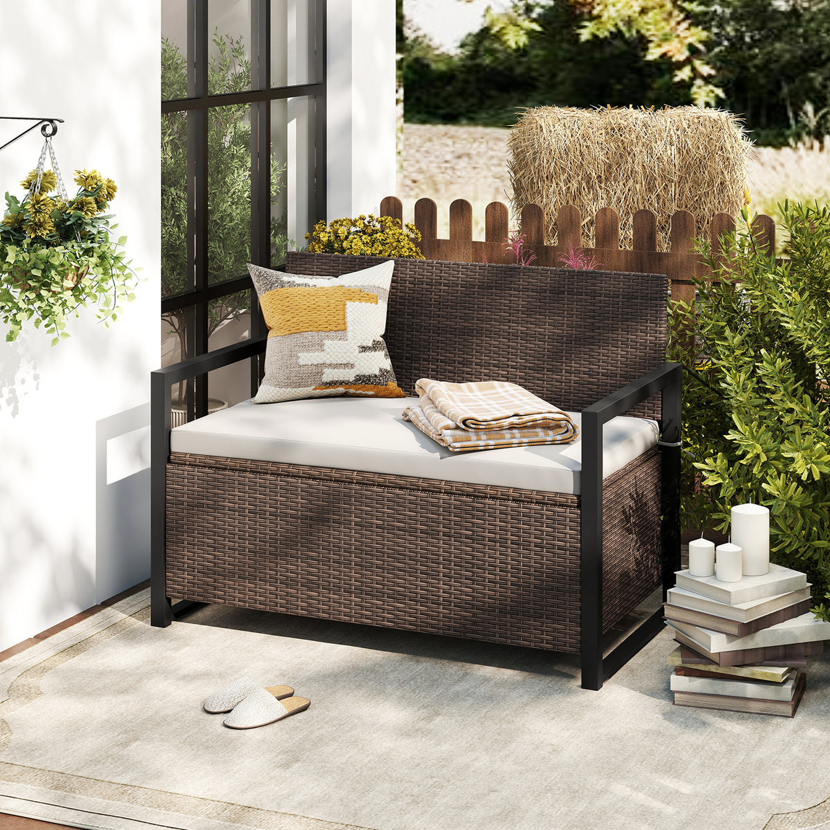 Patio Storage Bench Outdoor Wicker Loveseat with Built-in