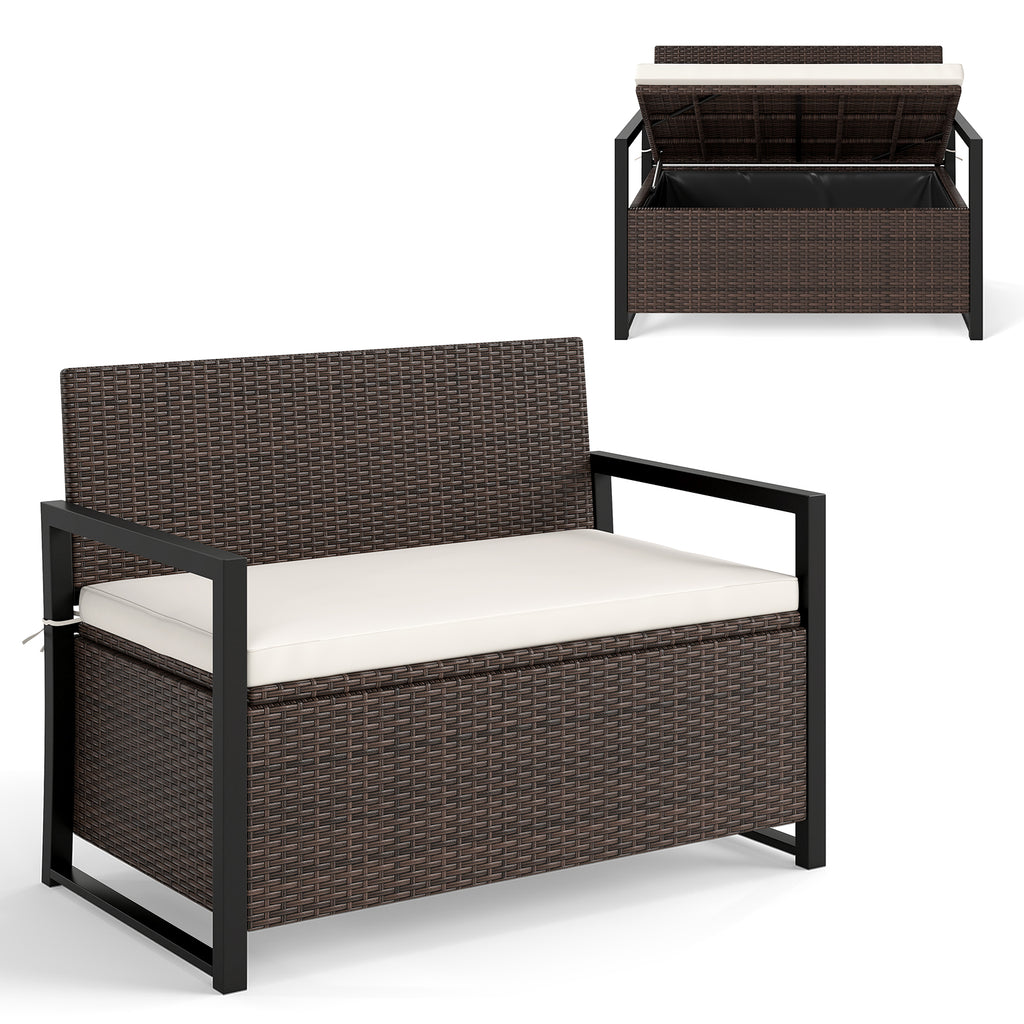 Patio Storage Bench Outdoor Wicker Loveseat with Built-in