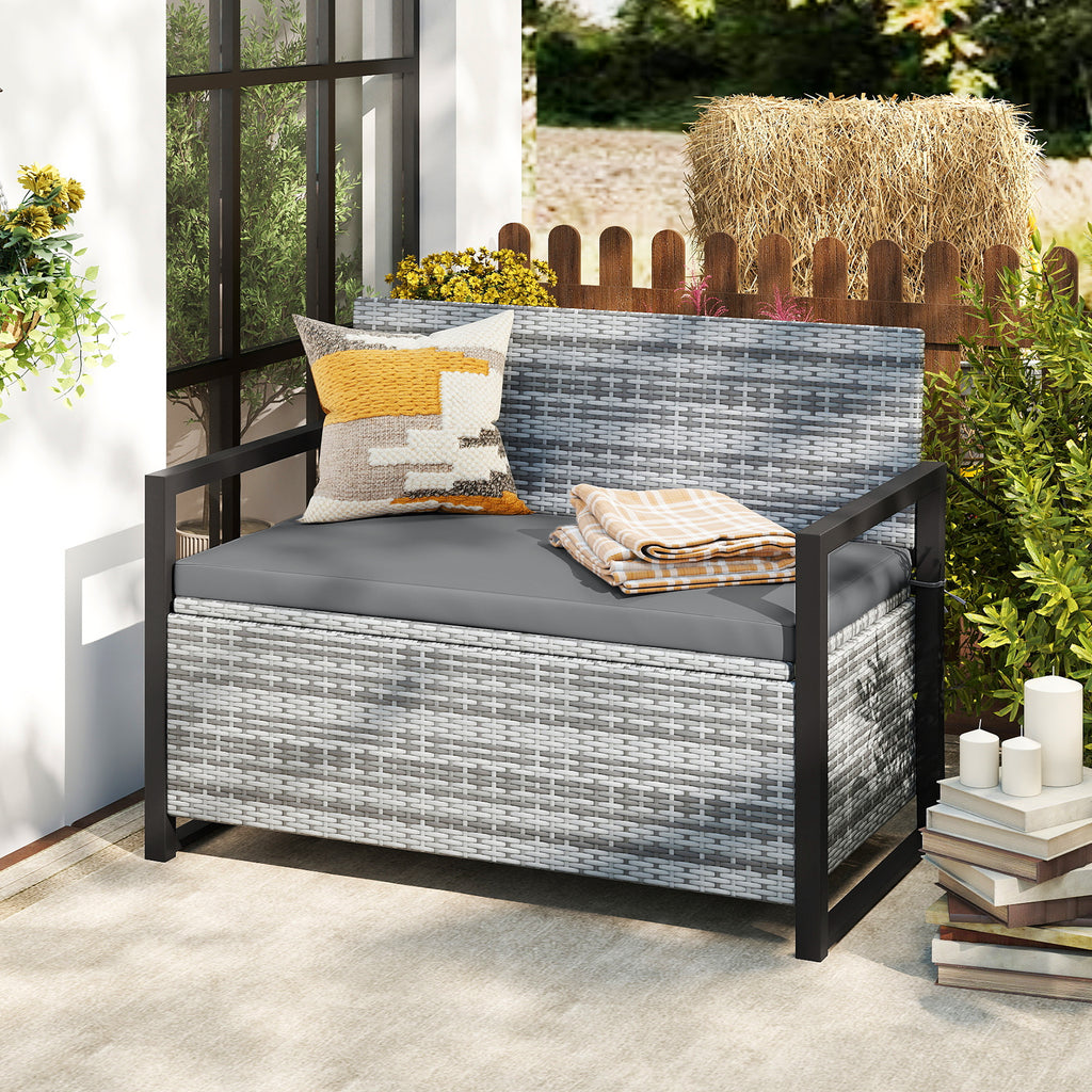 Patio Storage Bench Outdoor Wicker Loveseat with Built-in