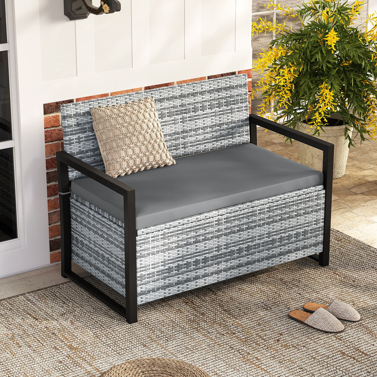 Patio Storage Bench Outdoor Wicker Loveseat with Built-in