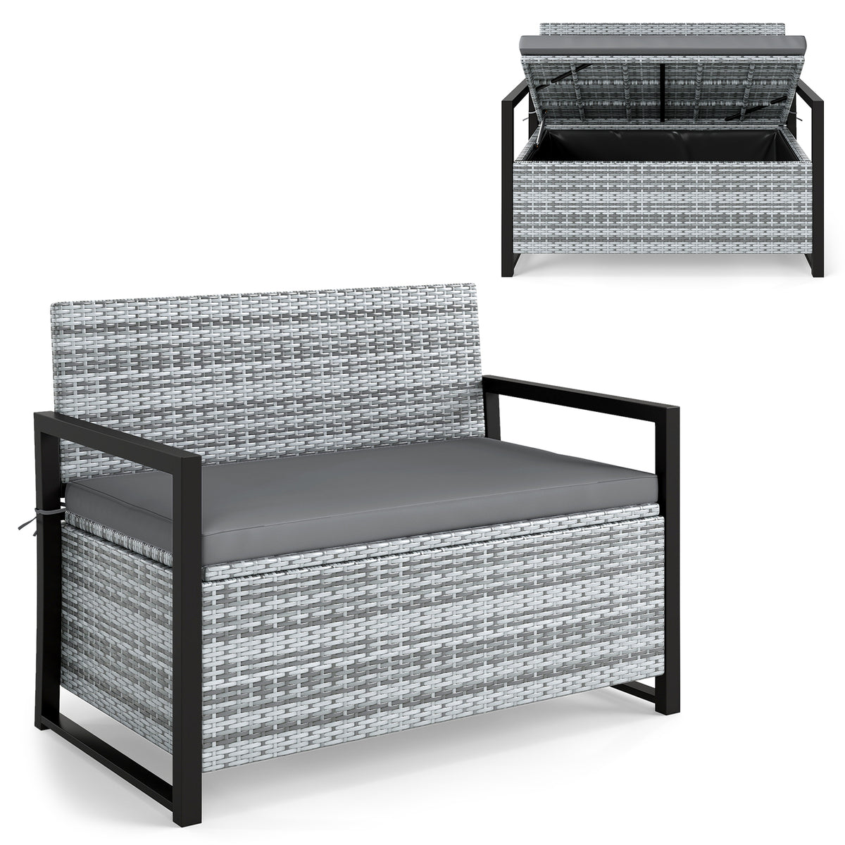 Patio Storage Bench Outdoor Wicker Loveseat with Built-in