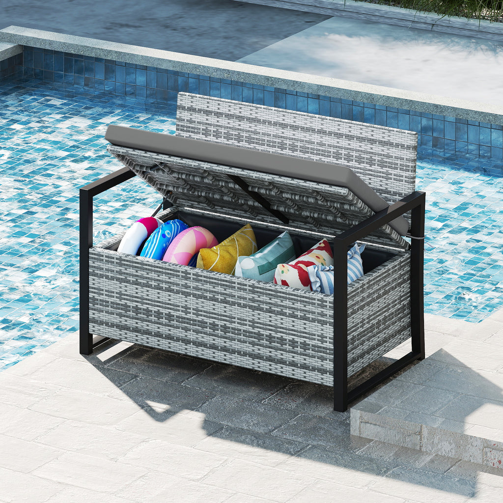 Patio Storage Bench Outdoor Wicker Loveseat with Built-in