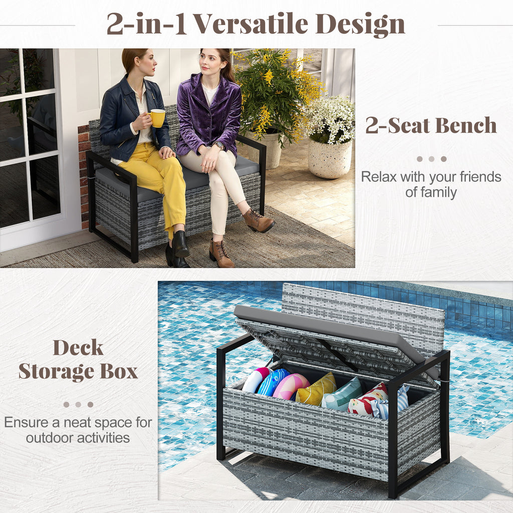 Patio Storage Bench Outdoor Wicker Loveseat with Built-in