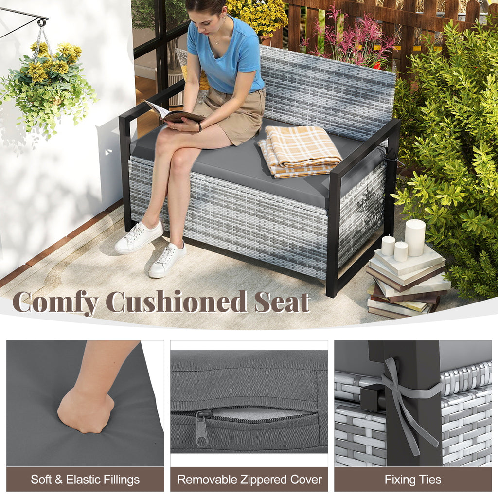 Patio Storage Bench Outdoor Wicker Loveseat with Built-in