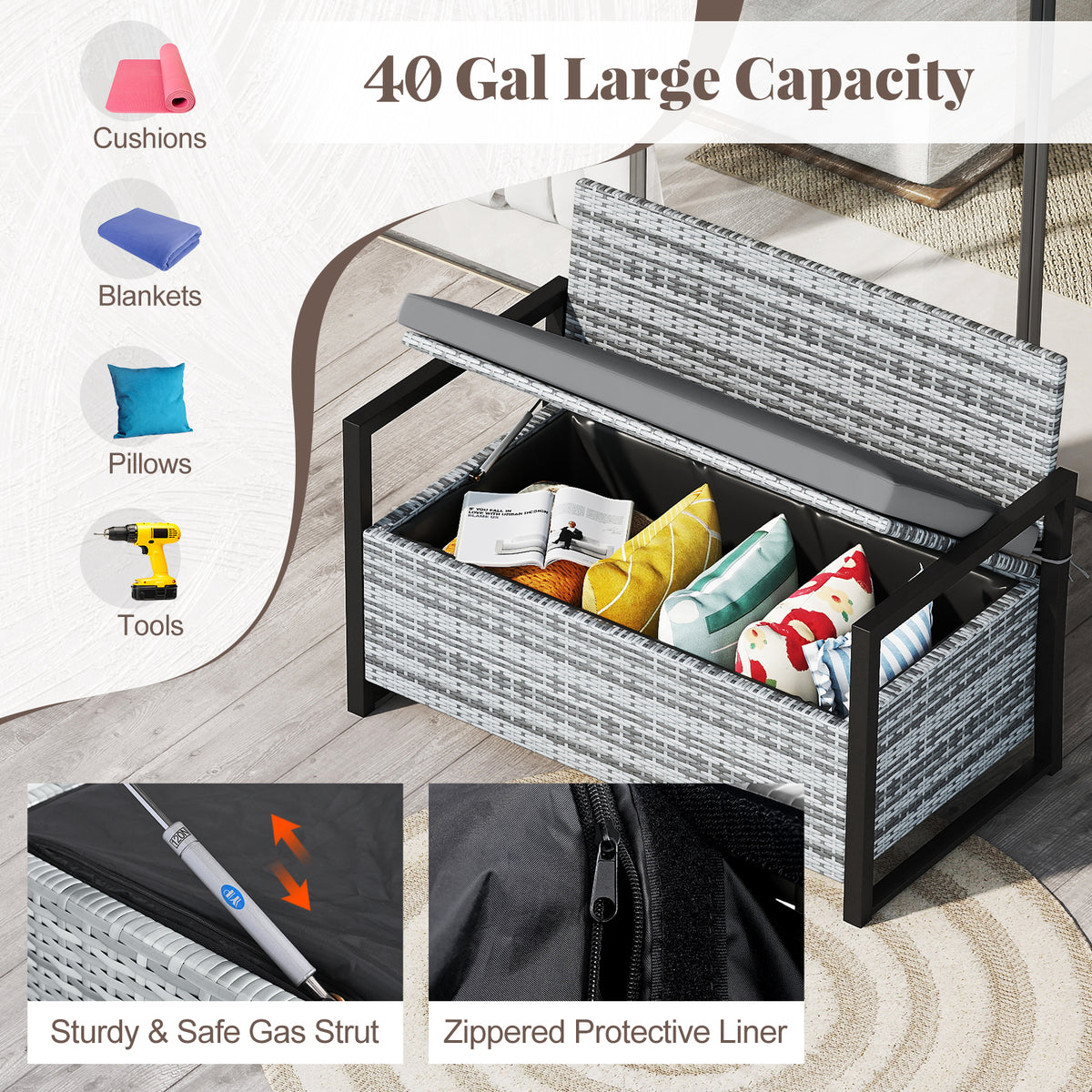 Patio Storage Bench Outdoor Wicker Loveseat with Built-in