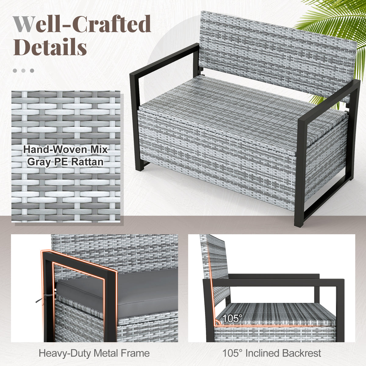 Patio Storage Bench Outdoor Wicker Loveseat with Built-in