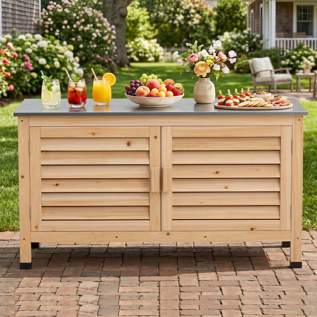 Patio Storage Cabinet with Stainless Steel Countertop and L-Shaped