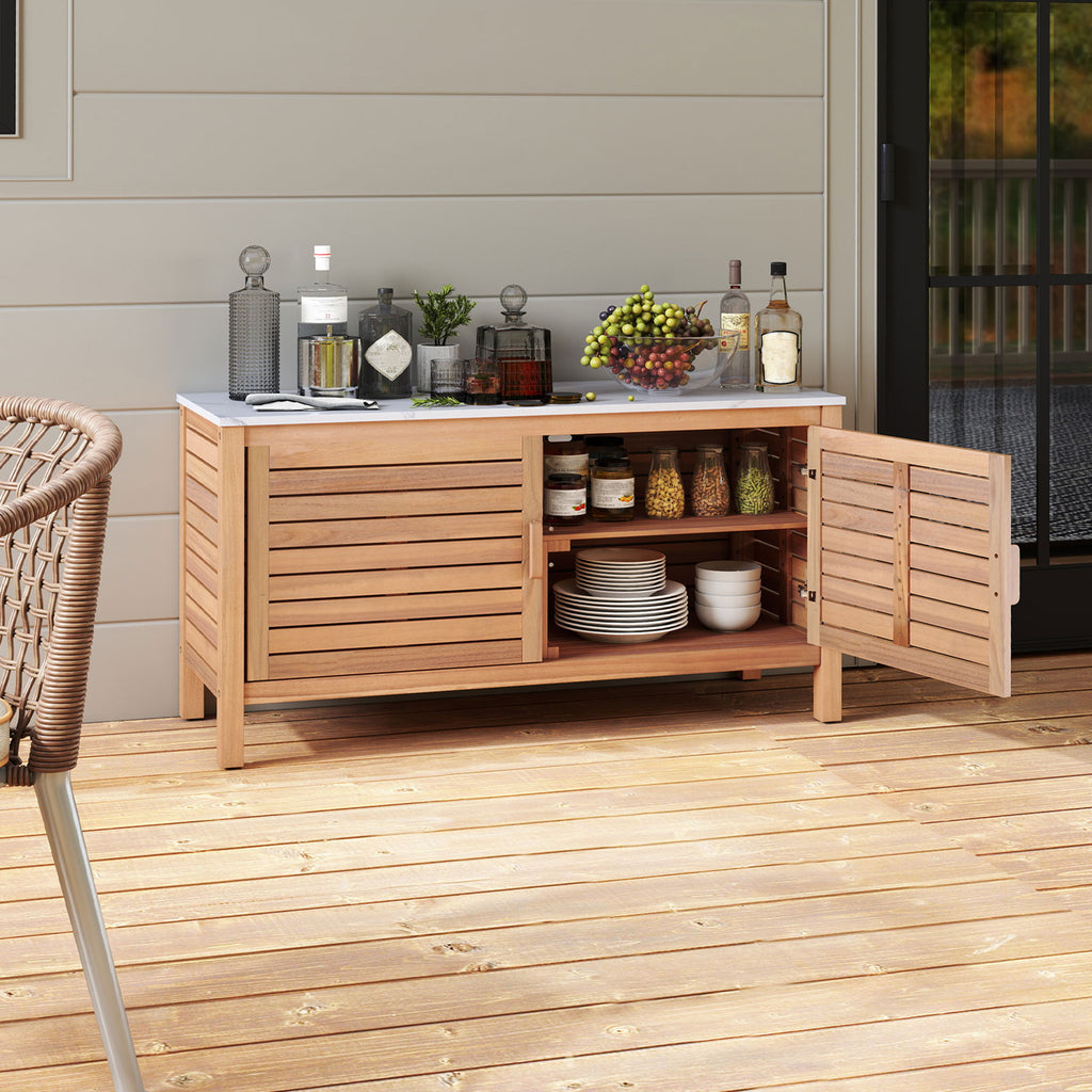 Patio Storage Cabinet 2-Door Acacia Wood Container with Faux Marble
