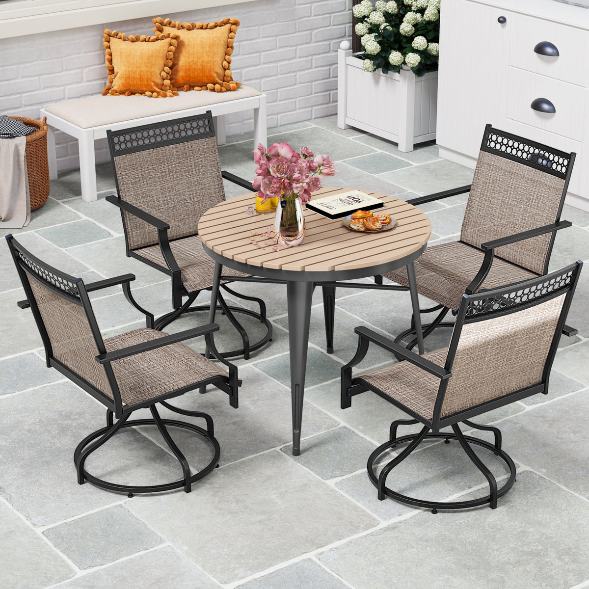 Patio Swivel Dining Chairs Set of 2 with Heavy-duty Metal Frame and