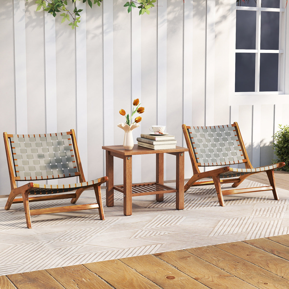 Patio Teak Wood Chair Outdoor Mid-Century Accent with Nylon Webbing