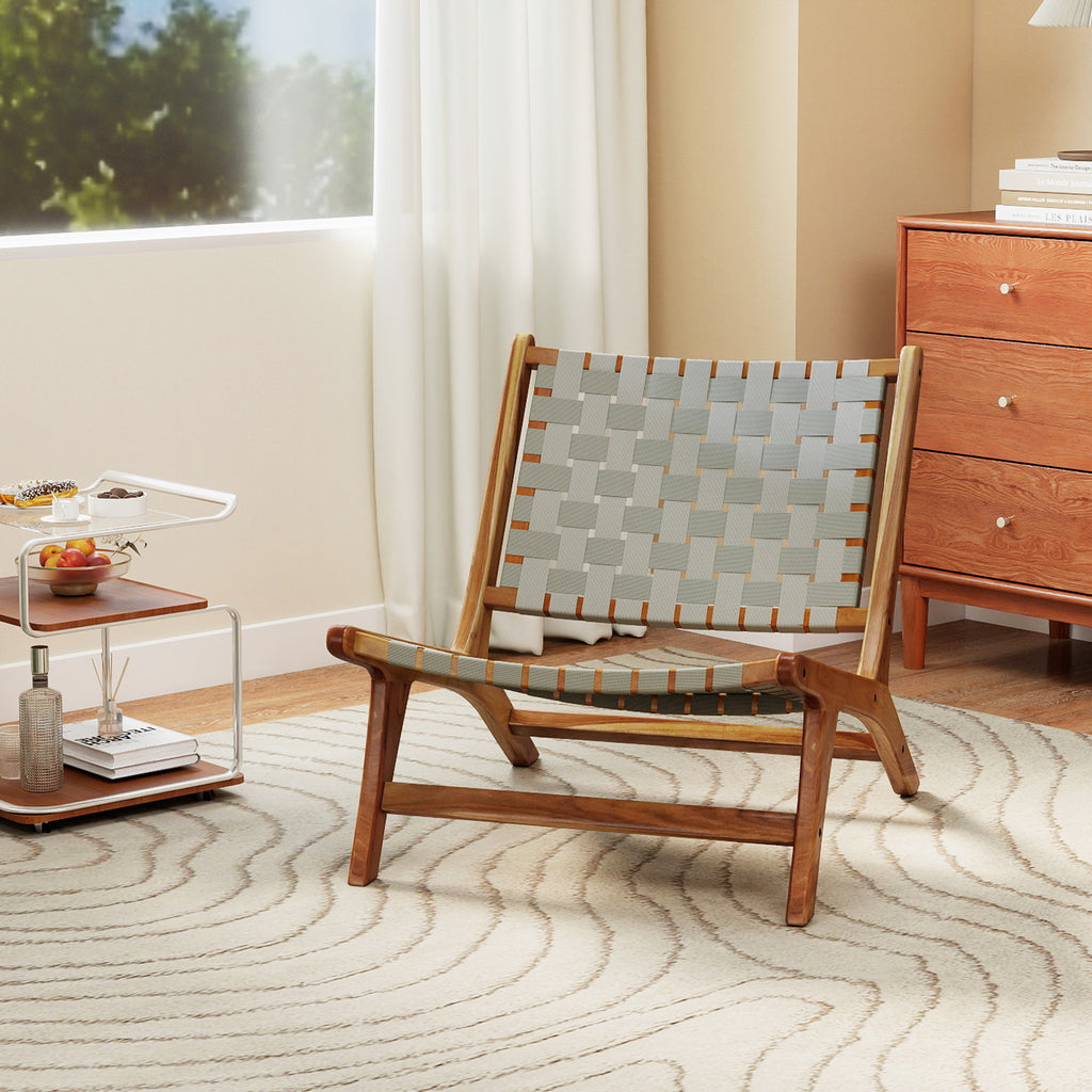 Patio Teak Wood Chair Outdoor Mid-Century Accent with Nylon Webbing