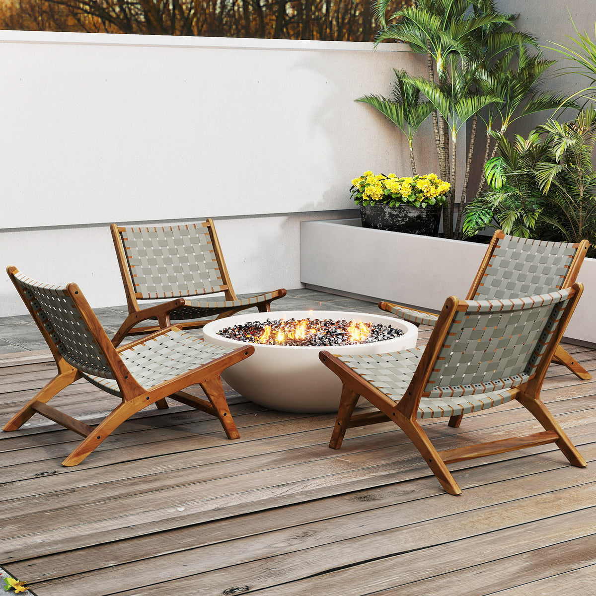 Patio Teak Wood Chair Outdoor Mid-Century Accent with Nylon Webbing