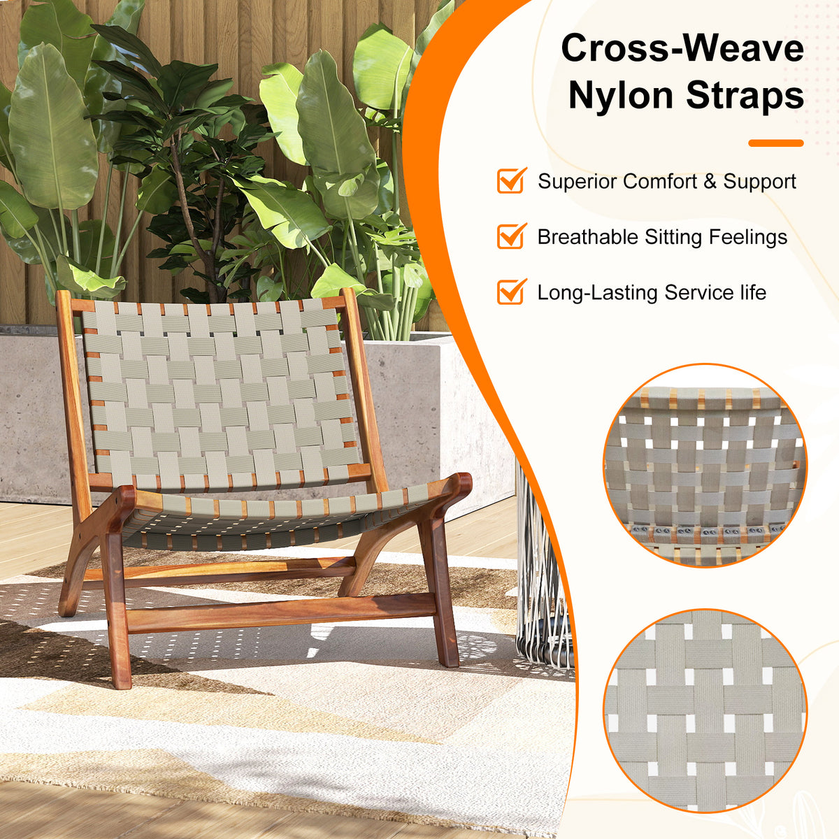 Patio Teak Wood Chair Outdoor Mid-Century Accent with Nylon Webbing