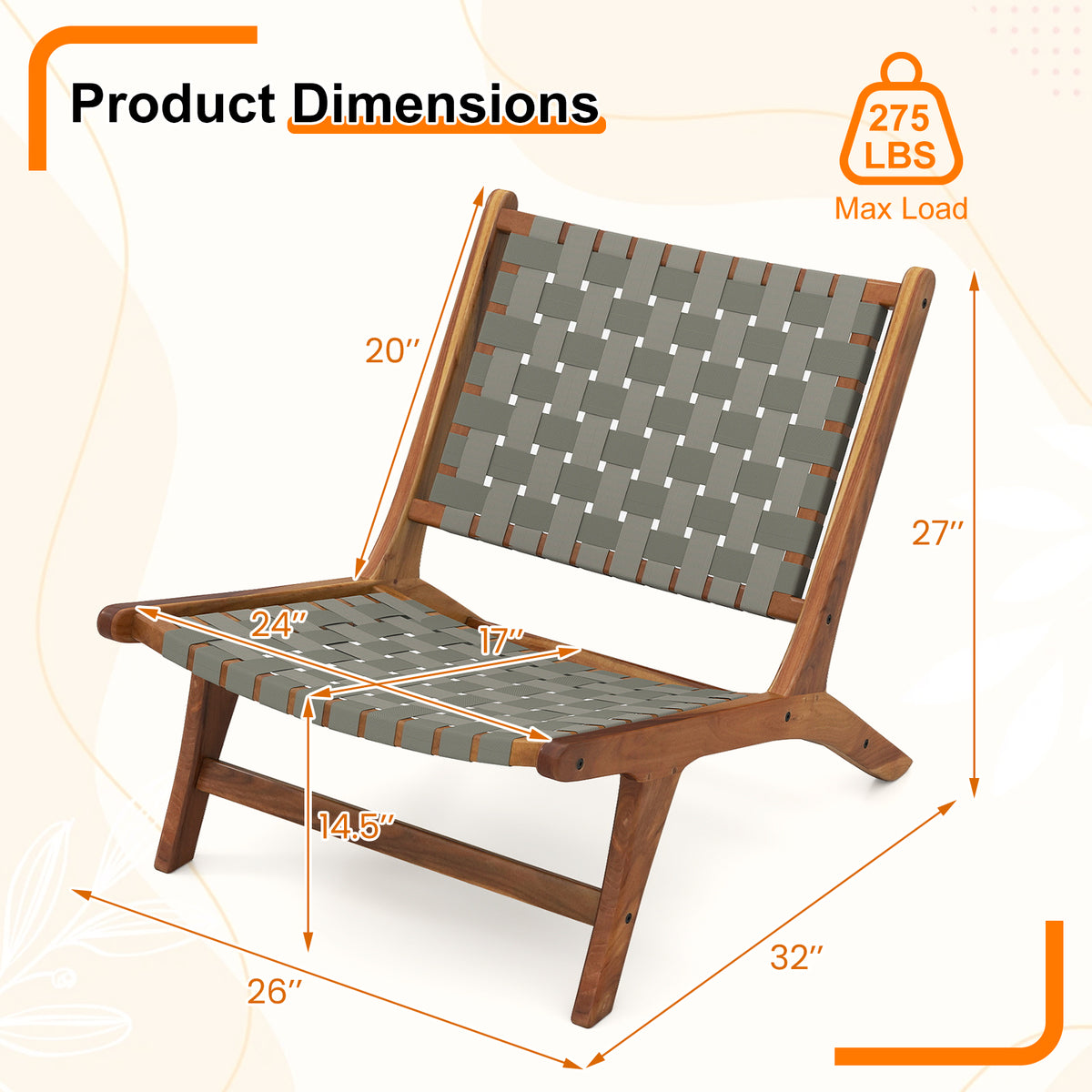 Patio Teak Wood Chair Outdoor Mid-Century Accent with Nylon Webbing