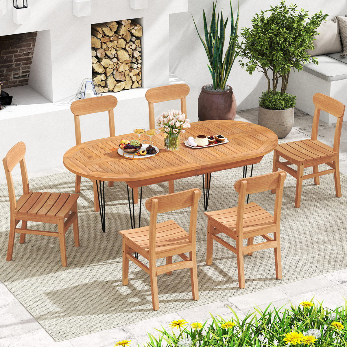 Patio Teak Wood Chair Armless Dining with Slatted Seat