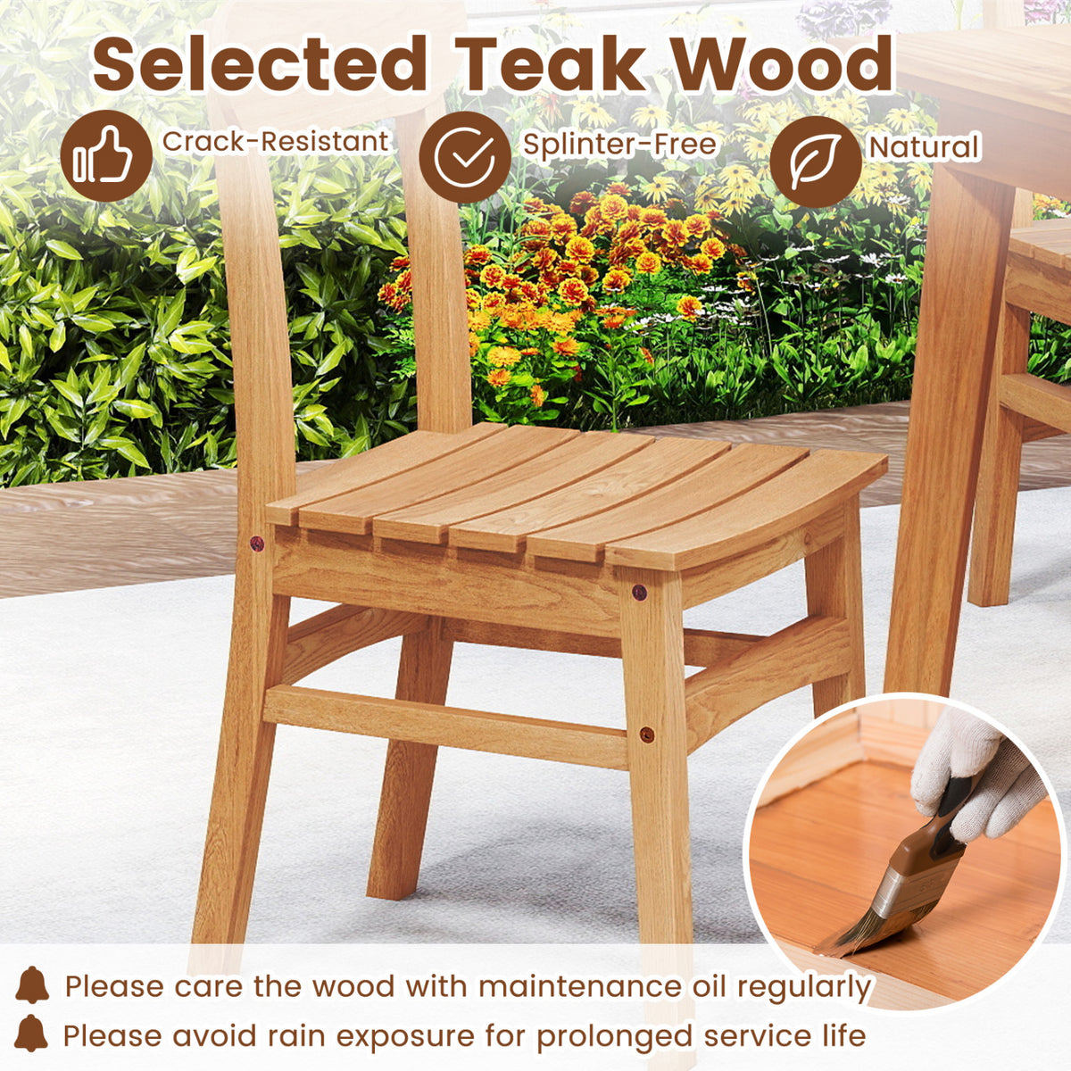 Patio Teak Wood Chair Armless Dining with Slatted Seat