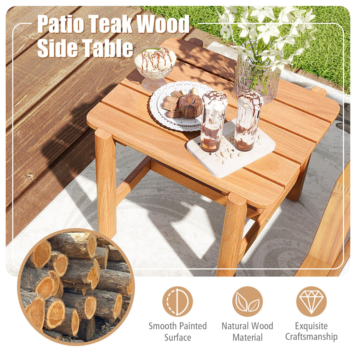 Patio Teak Wood Side Table with Slatted Tabletop for Yard