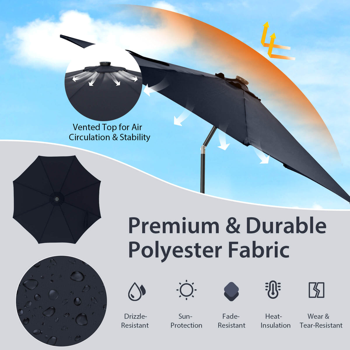 10 FT Patio Umbrella with 112 Solar LED Lights, Navy