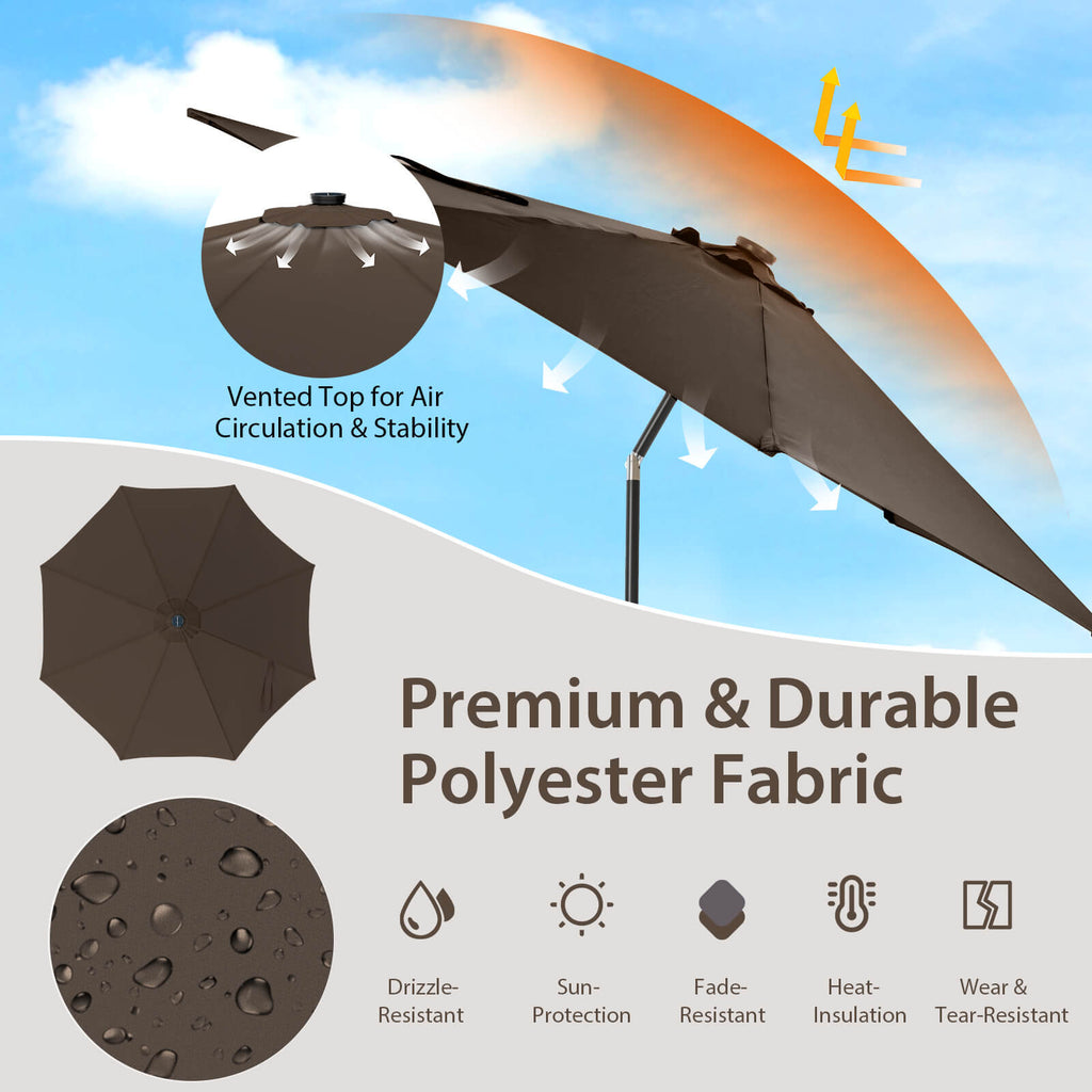 10 FT Solar Patio Umbrella with 112 LED Lights - Coffee