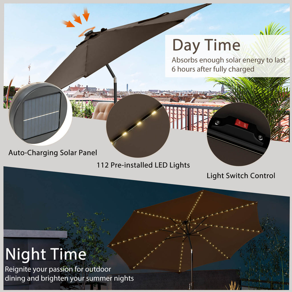 10 FT Solar Patio Umbrella with 112 LED Lights - Coffee