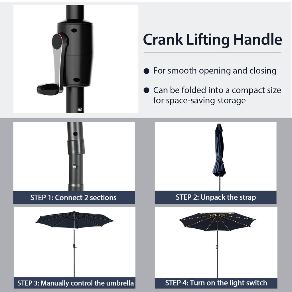 10 FT Patio Umbrella with 112 Solar LED Lights, Navy