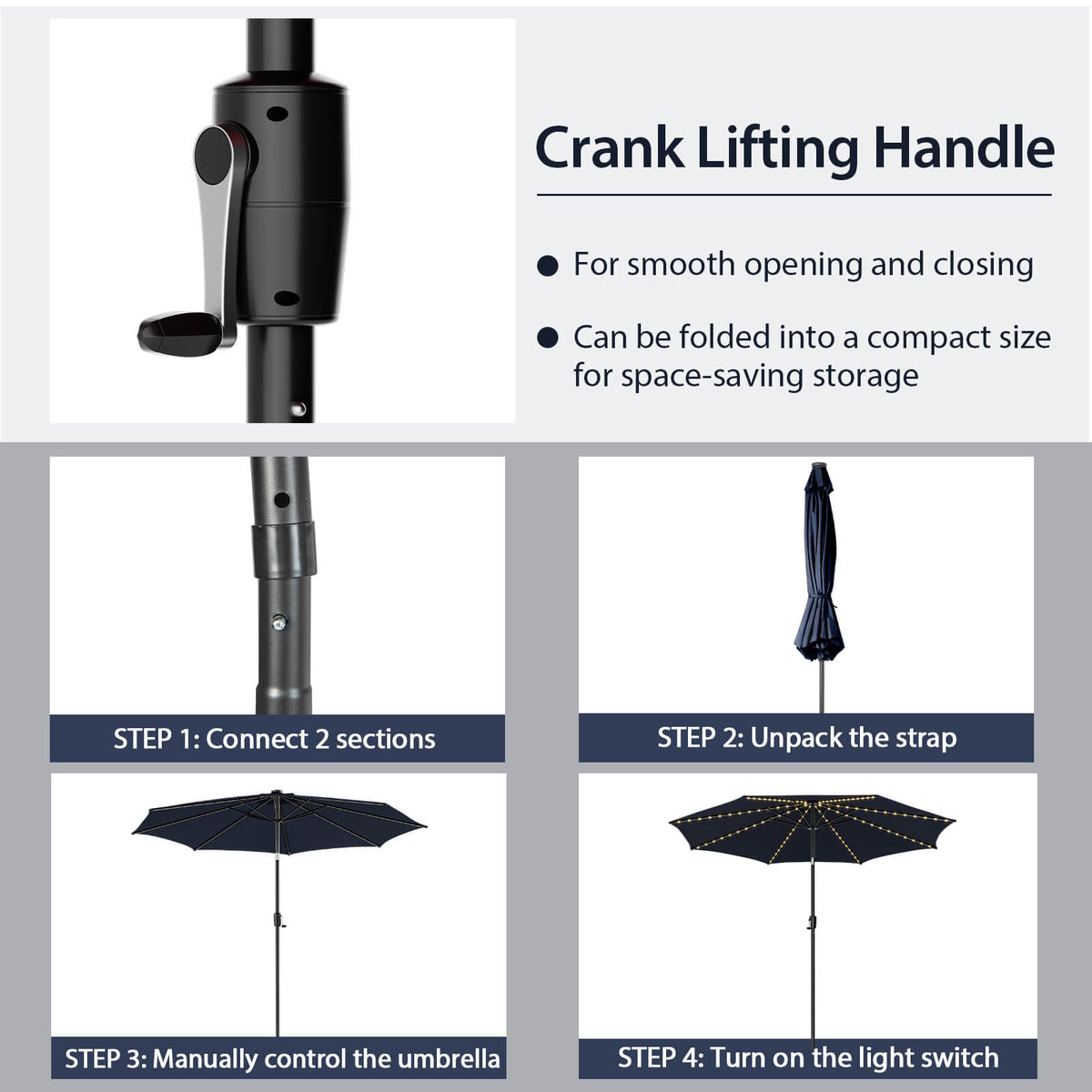10 FT Patio Umbrella with 112 Solar LED Lights, Navy