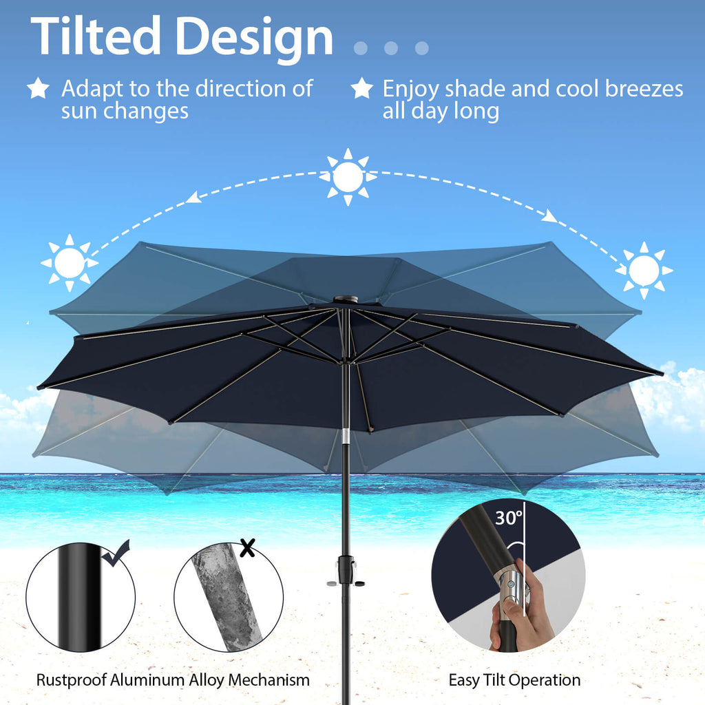 10 FT Patio Umbrella with 112 Solar LED Lights, Navy