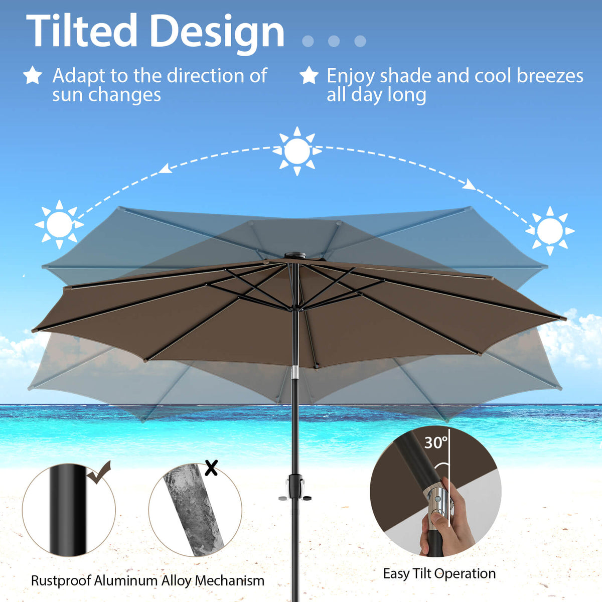10 FT Solar Patio Umbrella with 112 LED Lights - Coffee