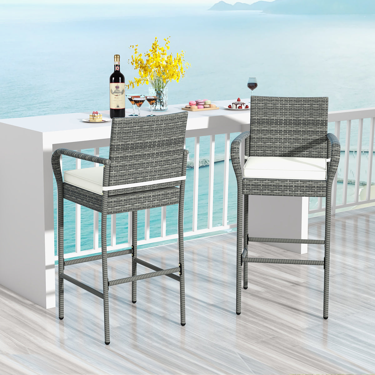 Patio Wicker Barstools with Armrests and Soft Cushions for Porch