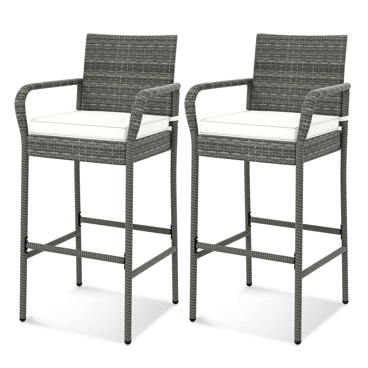 Black Rattan Patio Barstools with Footrest & Backrest - Set of 4