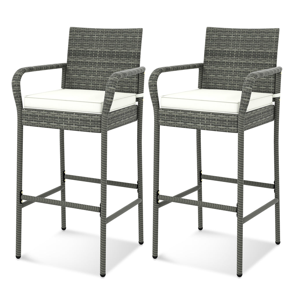 Patio Wicker Barstools with Armrests and Soft Cushions for Porch