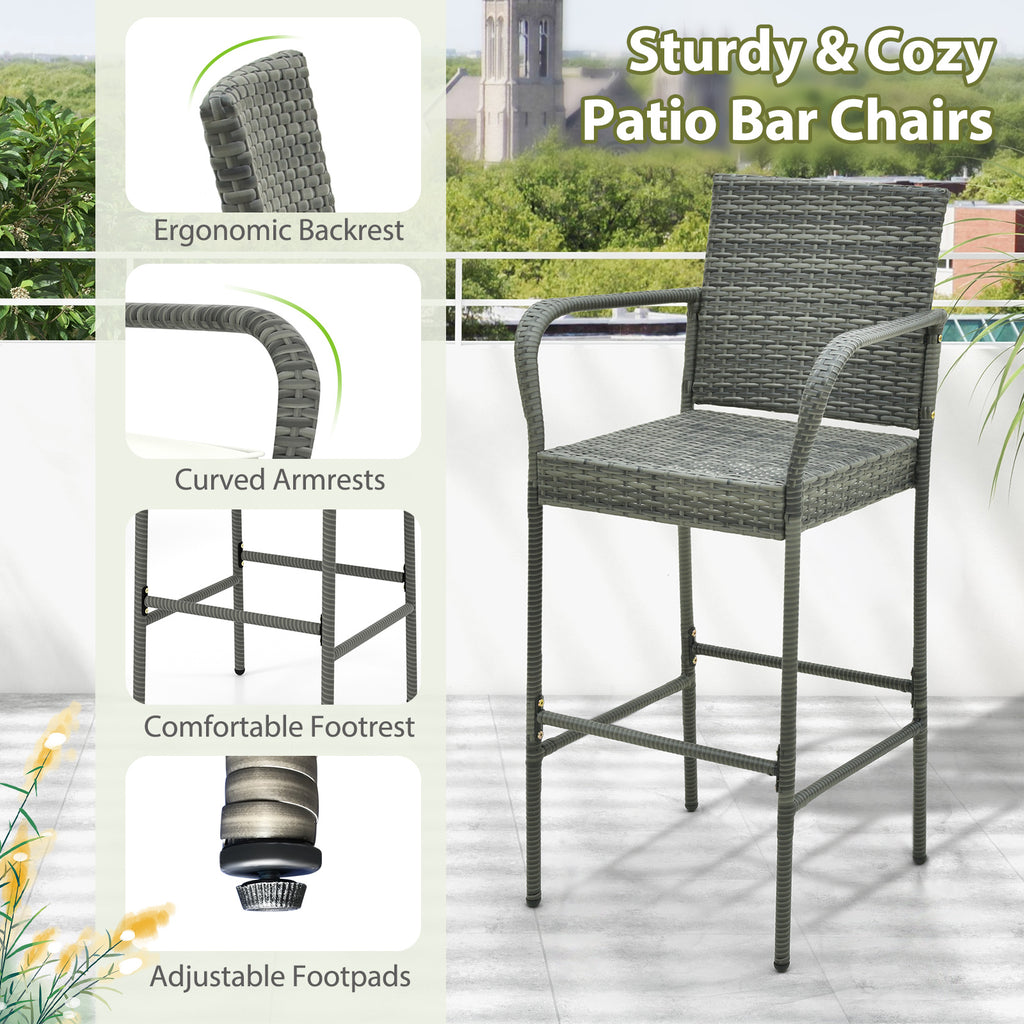 Patio Wicker Barstools with Armrests and Soft Cushions for Porch