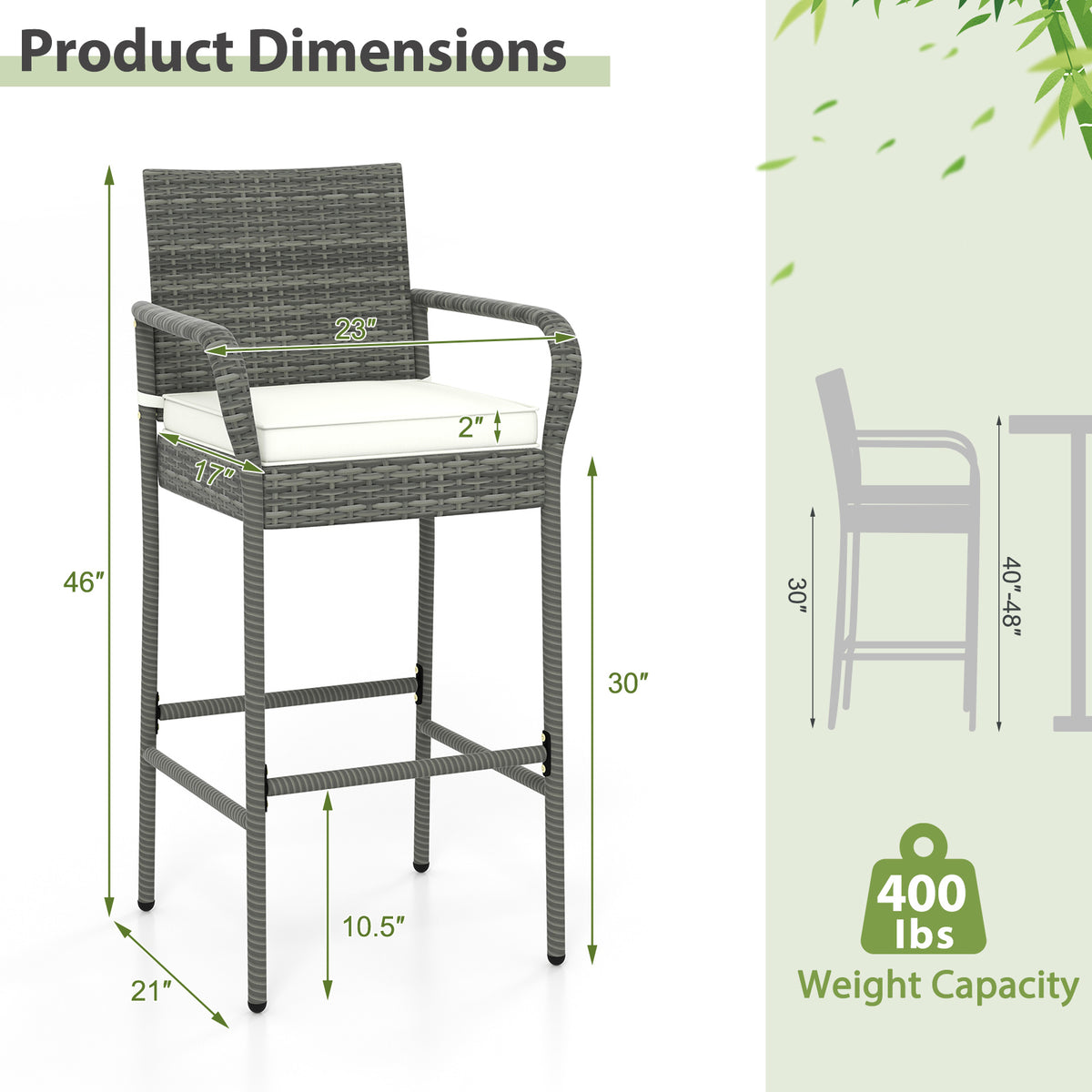 Patio Wicker Barstools with Armrests and Soft Cushions for Porch