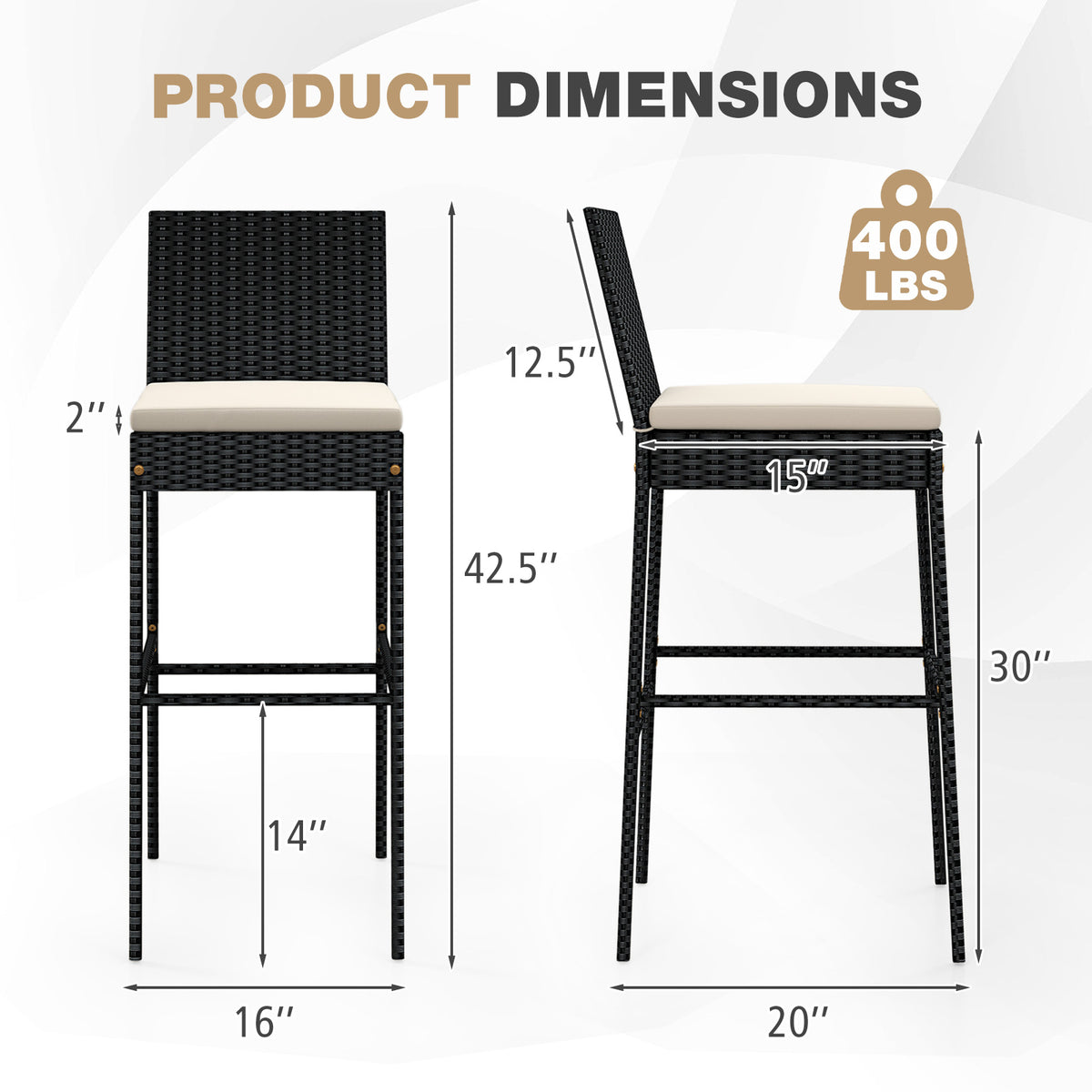 Patio Wicker Barstools Set of 2 with Footrest and Backrest for