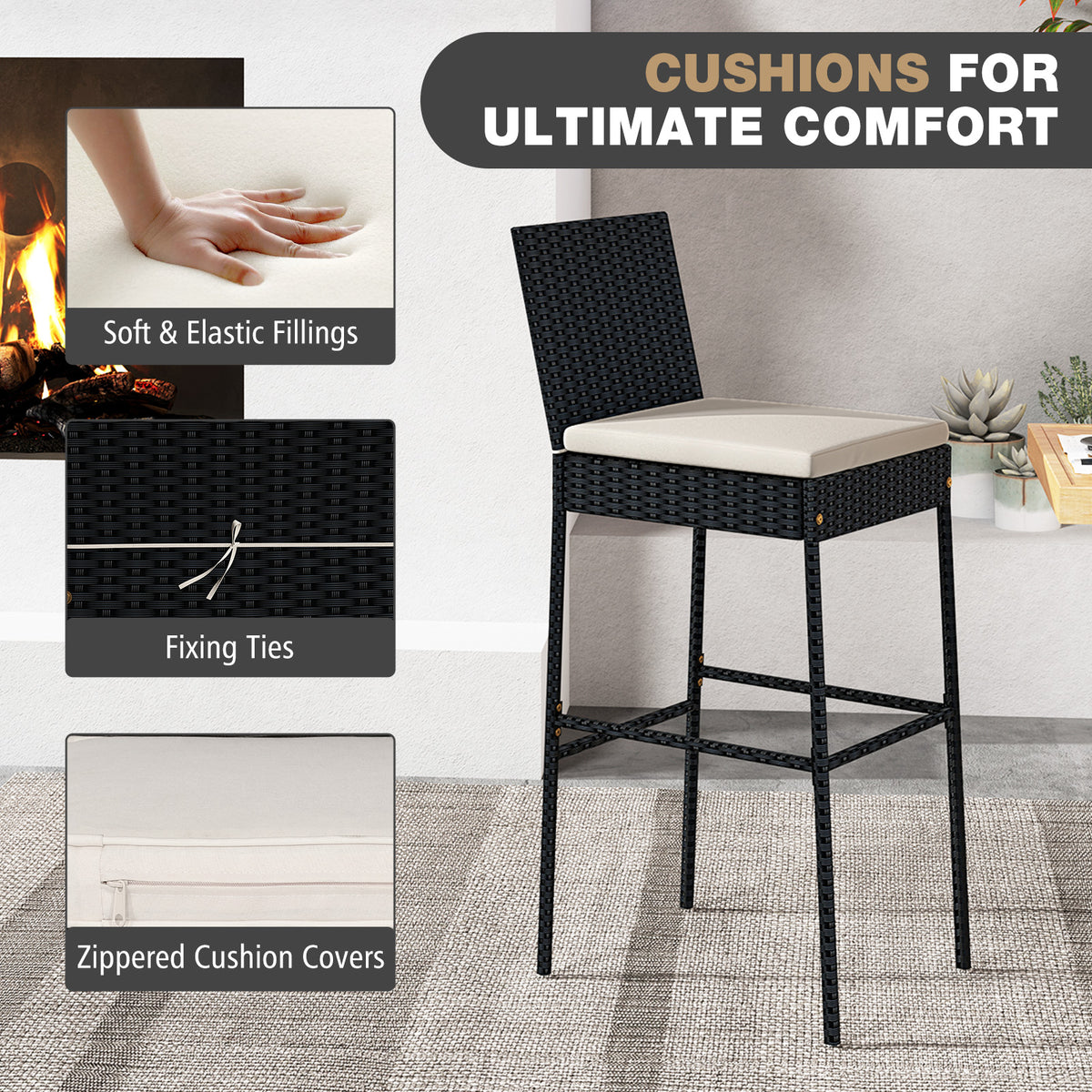 Patio Wicker Barstools Set of 2 with Footrest and Backrest for