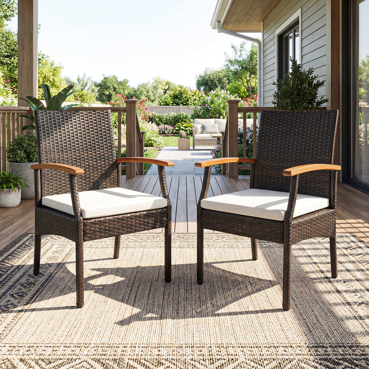 Patio Dining Chair Set of 2 - Rattan with Cushion