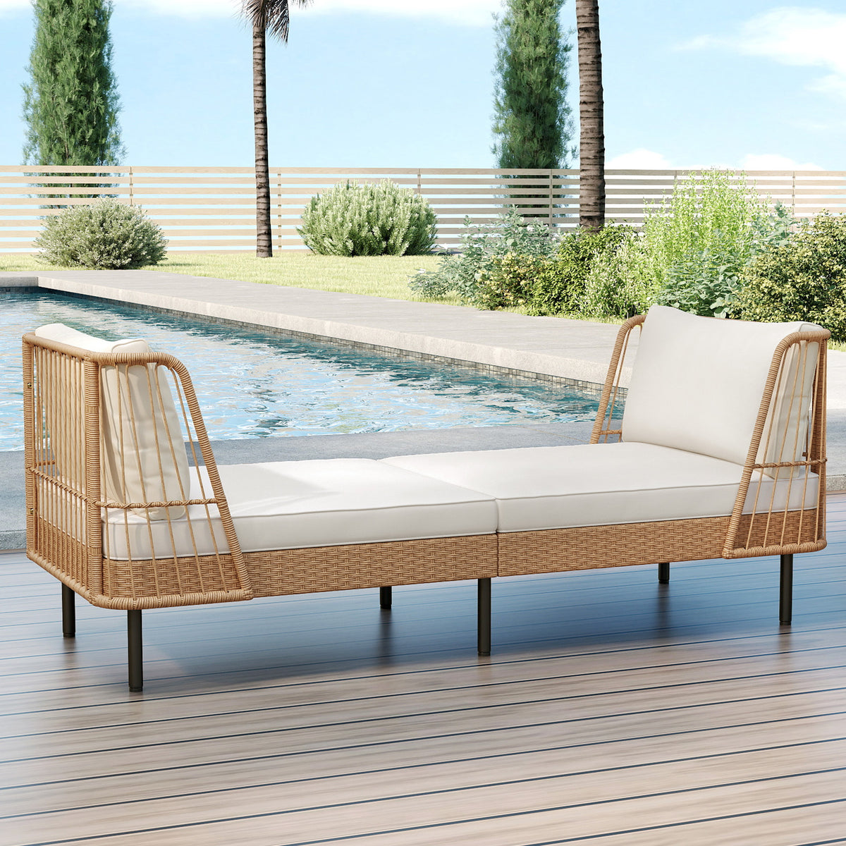 Patio Wicker Daybed Outdoor Boho Rattan Loveseat Sofa with Seat and
