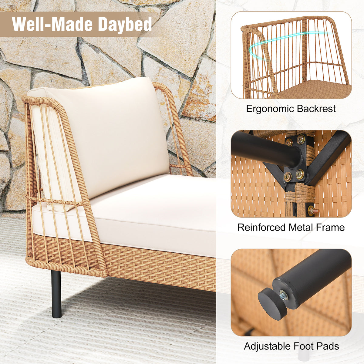 Patio Wicker Daybed Outdoor Boho Rattan Loveseat Sofa with Seat and